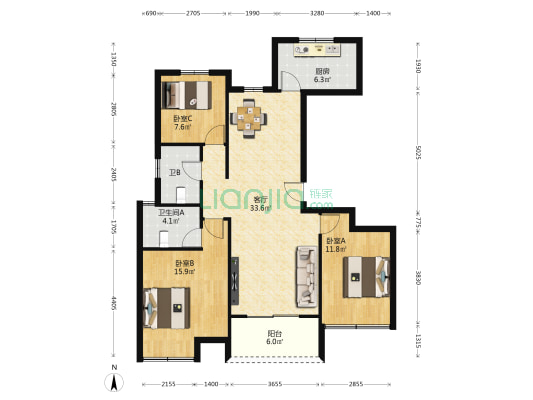 绿地城际空间站·开源里 3室1厅2卫 119平方