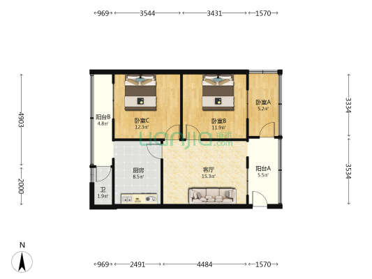 仁寿县粮食局 3室1厅1卫 65平方