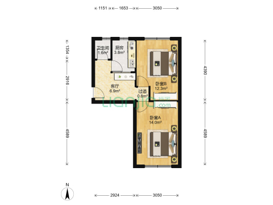 建功东里 2室1厅1卫 55平方