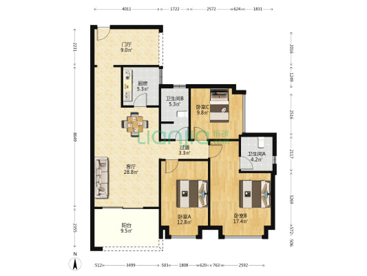 海马金盘花园 3室1厅2卫 125平方