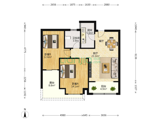 绿地书香苑 2室1厅1卫 82平方