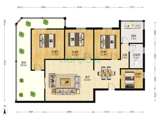 花边岭南路13号 4室1厅1卫 127平方