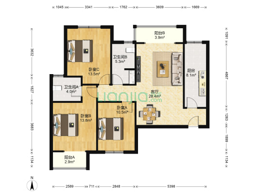 天时新苑 3室1厅2卫 112平方