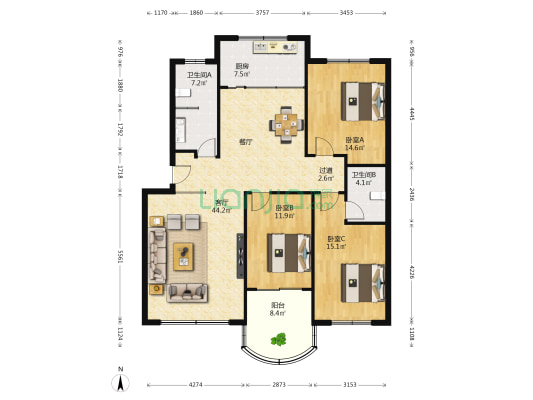 翠薇小区 3室1厅2卫 140平方