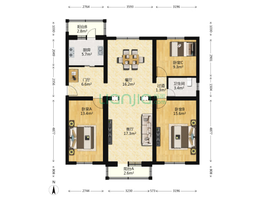 月坛南街 3室2厅1卫 124平方
