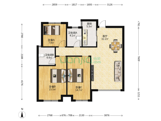 置地清苑 3室1厅2卫 117平方