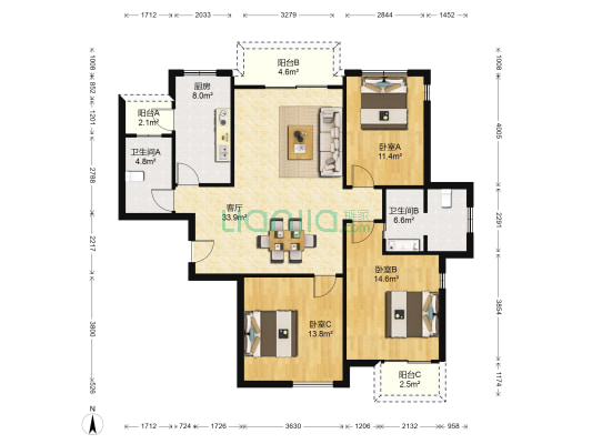 钱塘家园 3室1厅2卫 127平方