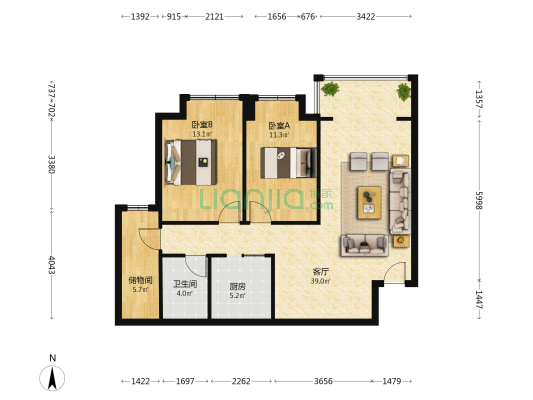 鑫城(锦江) 2室1厅1卫 98平方