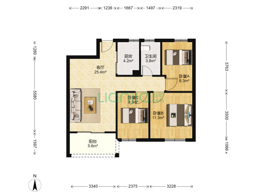 幸福家园小区 3室1厅1卫 88平方