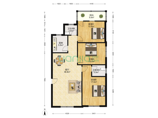 隐怡公寓 3室1厅2卫 115平方