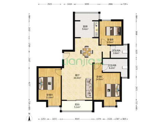 御龙国际 3室1厅2卫 128平方