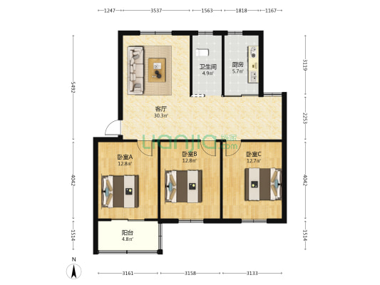 焦家新村第一小区 3室1厅1卫 102平方