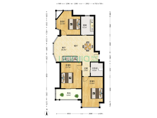 华庭现代城 3室1厅1卫 110平方