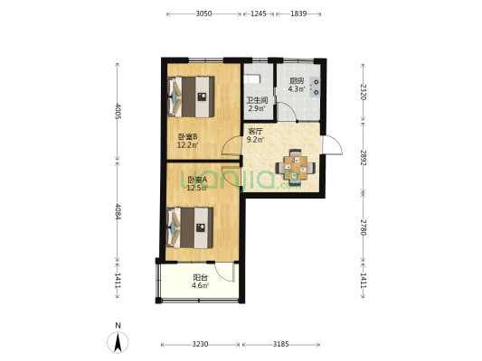 北大街231号 2室1厅1卫 55平方