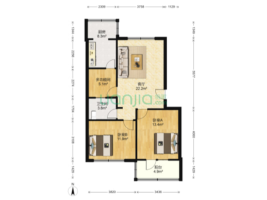 新秀路1号院 3室1厅1卫 85平方