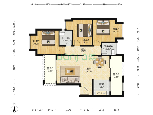 恒雅华府 3室1厅2卫 105平方