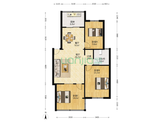 金阳花园 3室2厅1卫 105平方