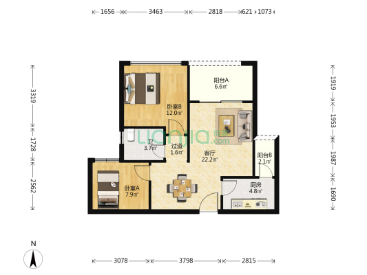 改善型大两房，居家舒适，500内生活配套齐全，中楼层-户型图