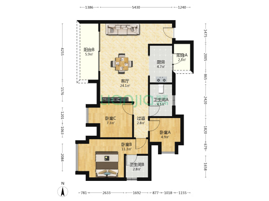 海成云境 3室1厅2卫 86平方