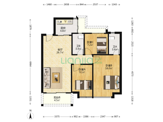 丽湖名轩 3室1厅2卫 92平方