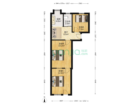 迎宾村 3室1厅1卫 48平方