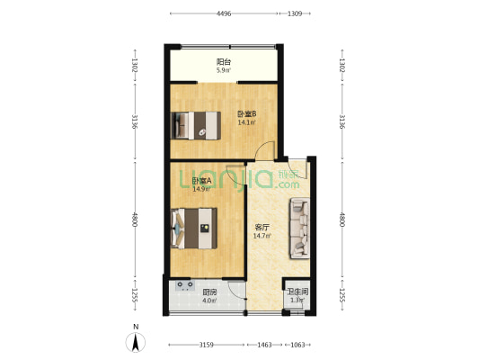 川化五村2区 2室1厅1卫 60平方