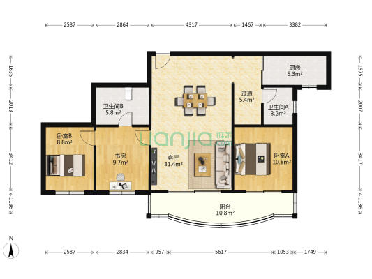 鸿申大厦 3室1厅2卫 132平方