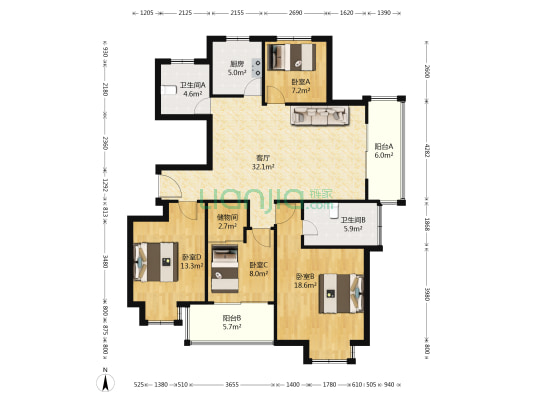 天澜湾 4室1厅2卫 132平方