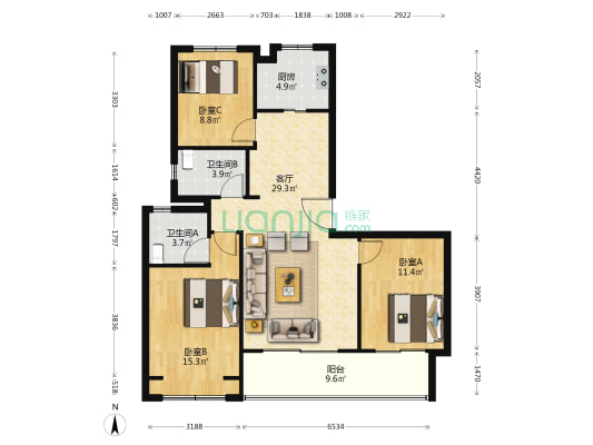 运河铂湾澜庭北区(一期) 3室1厅2卫 128平方