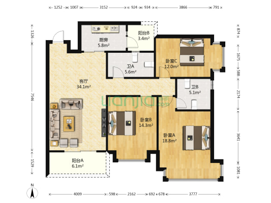 恒大绿洲 3室1厅2卫 117平方