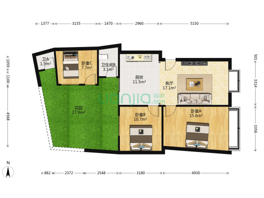 半边街32号院 3室1厅2卫 74平方