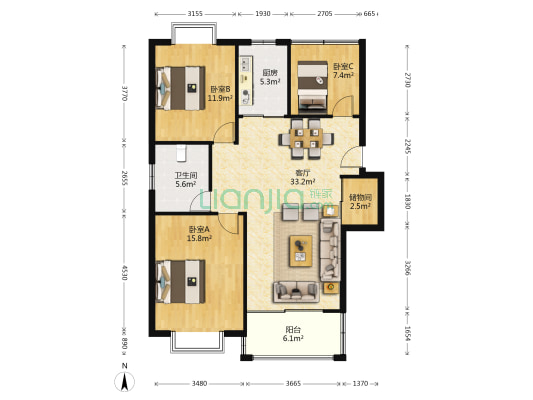 国飞尚城A区 3室1厅1卫 178平方