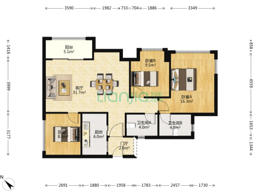 荔园悦享花醍 3室1厅2卫 104平方