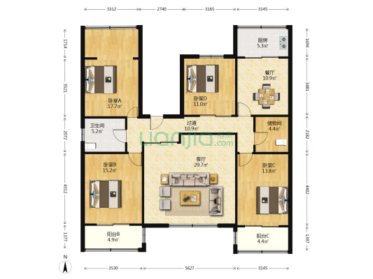 新税小区 4室2厅1卫 165平方