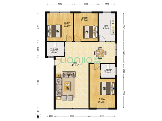 八字桥直街 3室1厅2卫 123平方