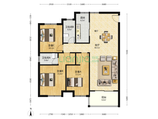 松岳名都 3室1厅2卫 135平方