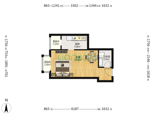 风荷曲苑 1室0厅1卫 53平方