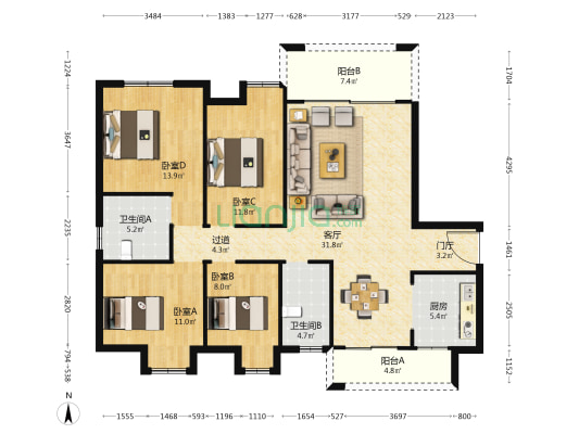 长房星昇公馆 4室1厅2卫 142平方