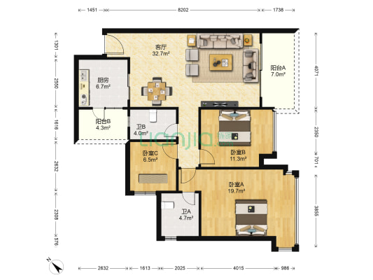 恒大金碧天下 3室1厅2卫 116平方