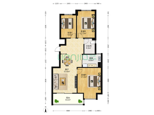 苹果园幸福城 3室1厅1卫 103平方