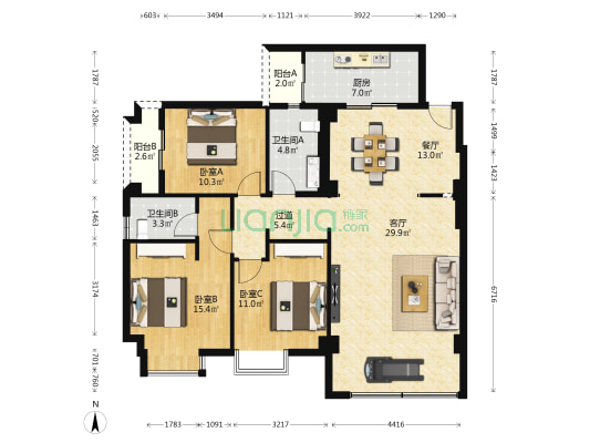 天玺华庭 3室2厅2卫 124平方