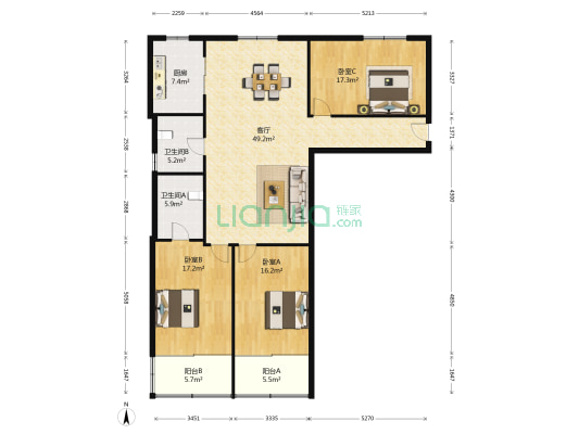 园通公寓 3室1厅2卫 148平方