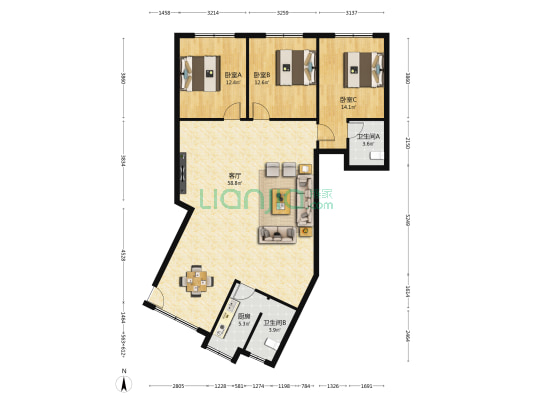 窑塘新村 3室1厅2卫 129平方