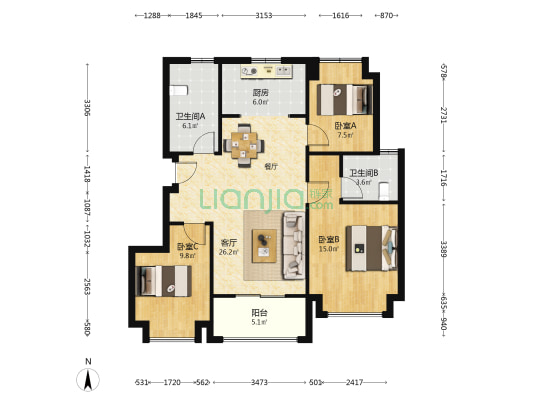金源•梧桐印象 3室1厅2卫 100平方