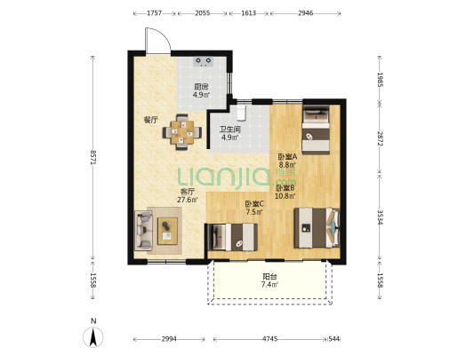 大东海晋棠府二期A区 3室1厅1卫 90平方