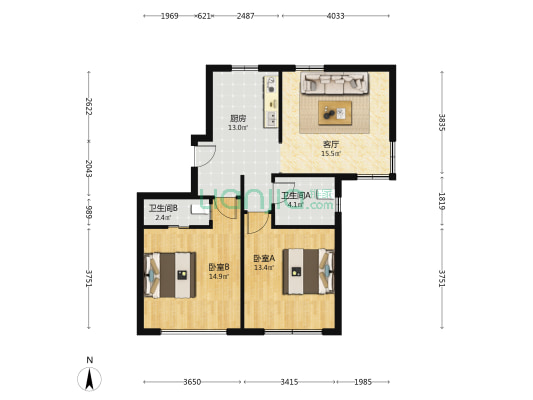 伯乐大院 2室1厅2卫 80平方