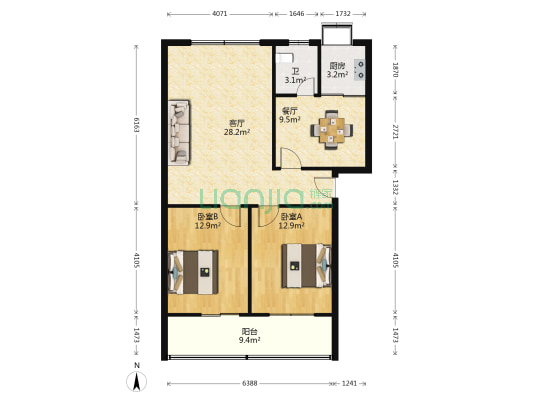 湖北省工建宿舍楼小区 2室2厅1卫 90平方
