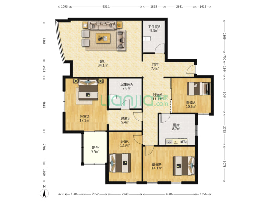 枫叶大厦 4室1厅2卫 180平方