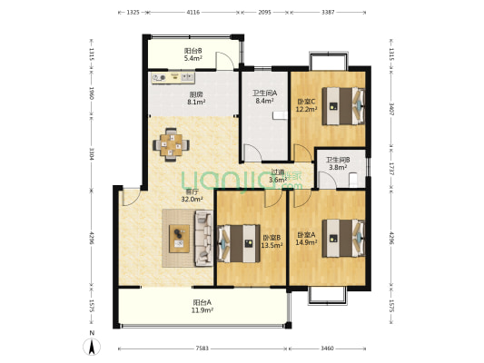 宁宝花园 3室1厅2卫 138平方