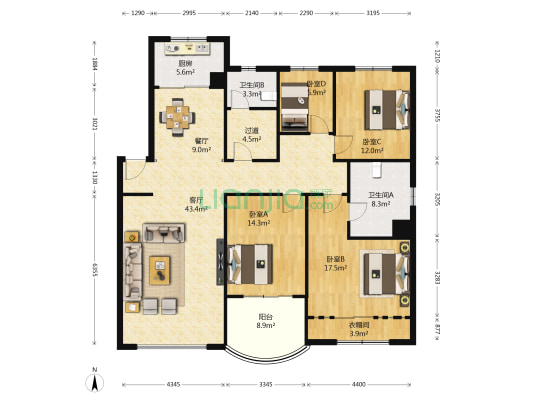 江东花园四季园 4室2厅2卫 151平方